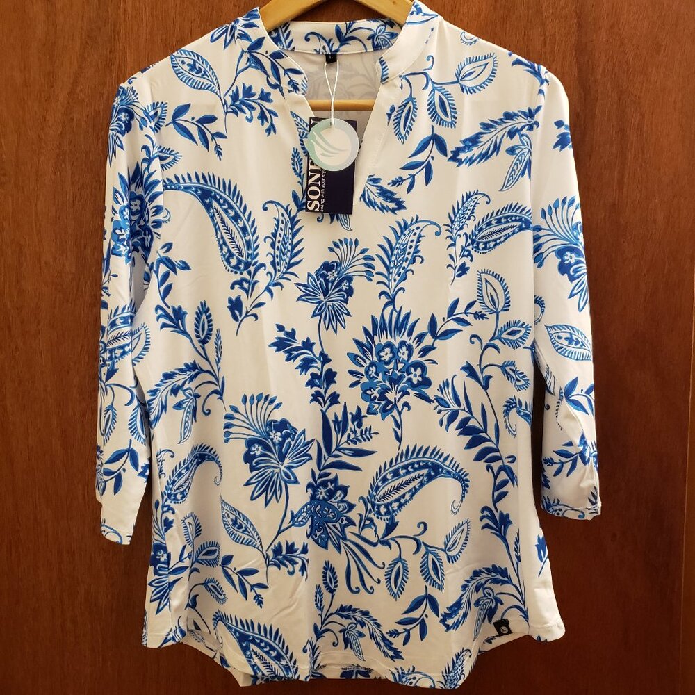 Soneven Womens Blue Retro Print Stand Collar V-Neck 3/4 Sleeve Shirt Size Large
